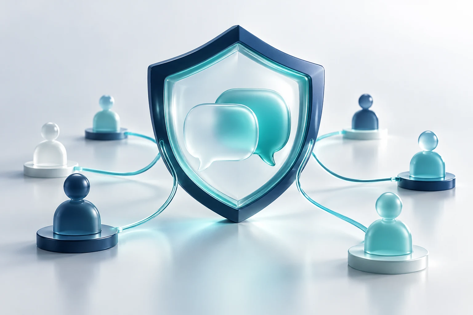Ilustración de canales de comunicación conectados a un escudo de protección y confidencialidad.